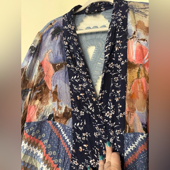 John Mark Navy Multicolor Open Front Patchwork Kimono, 3/4 Sleeves, size L EUC - Picture 5 of 8
